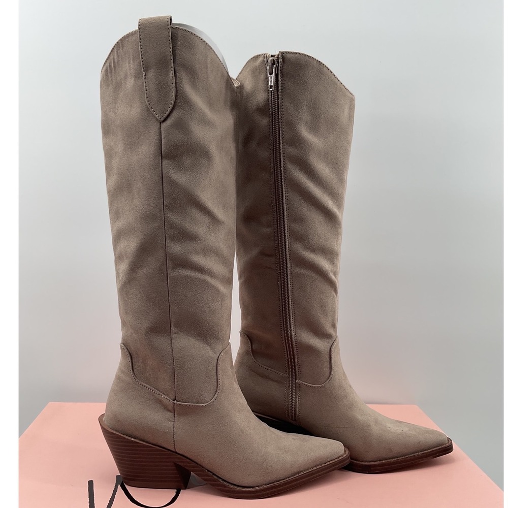 Wild Pair Letitiaaf Taupe Fabric Western Tall Boots Pointed Toe Size 5.5M